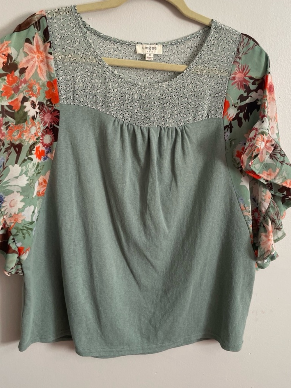 Umgee Sage Green Top with Floral Flutter Sleeves